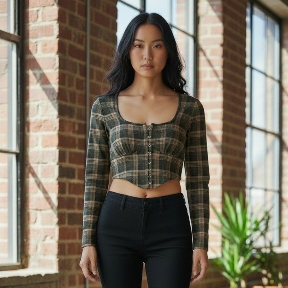 Mixed Threads Los Angeles Plaid Hook and Eye Long Sleeve Crop Top Olive Small